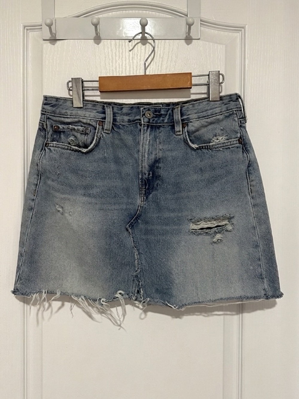 LOGG Distressed Denim Mini Skirt Raw Hem Medium Wash High Rise Casual Boho Chic